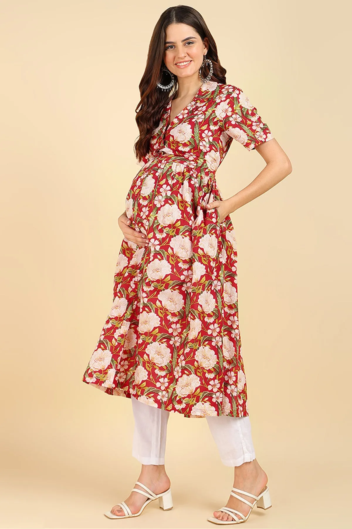 Red Floral Printed Zipless Feeding Kurti