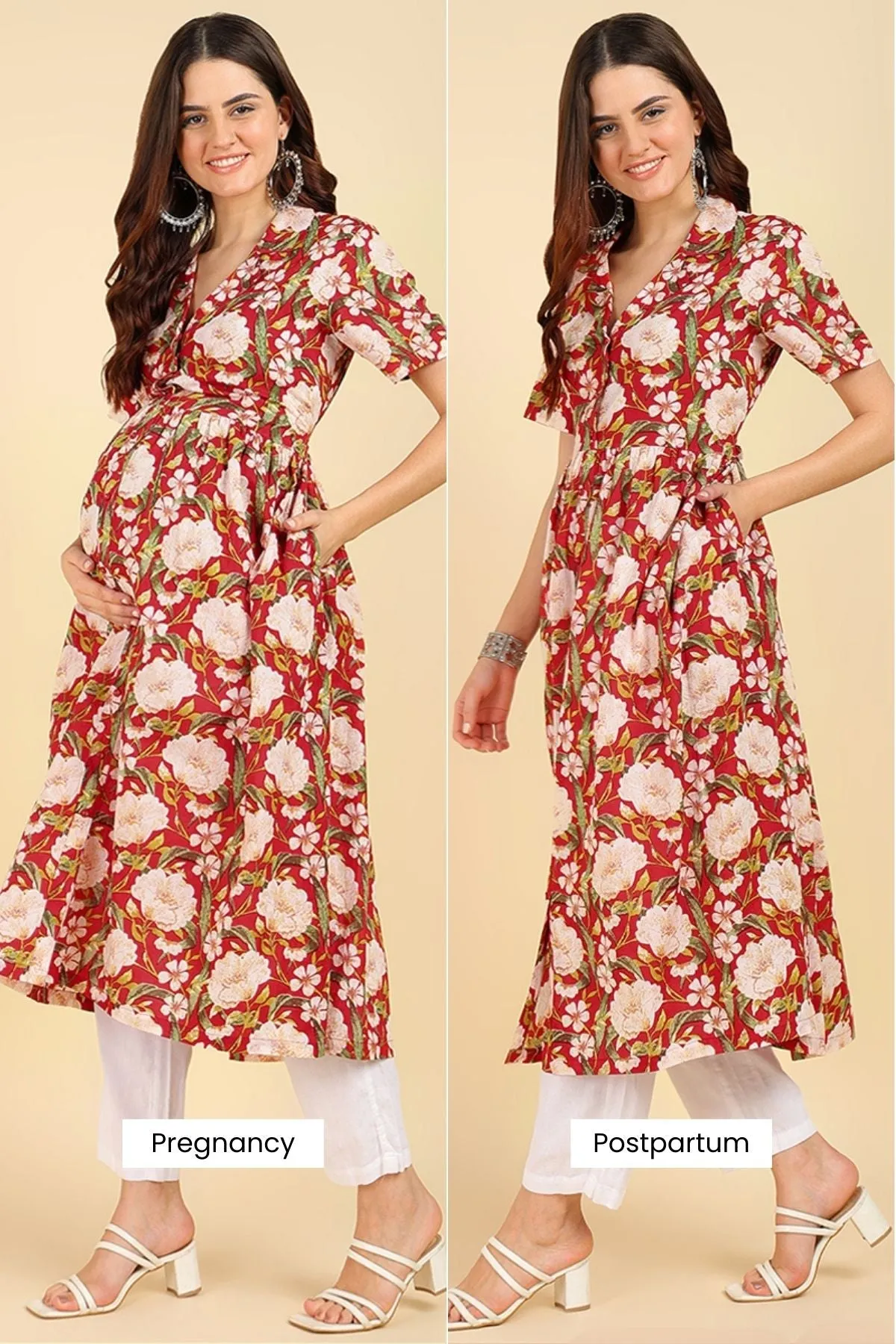 Red Floral Printed Zipless Feeding Kurti