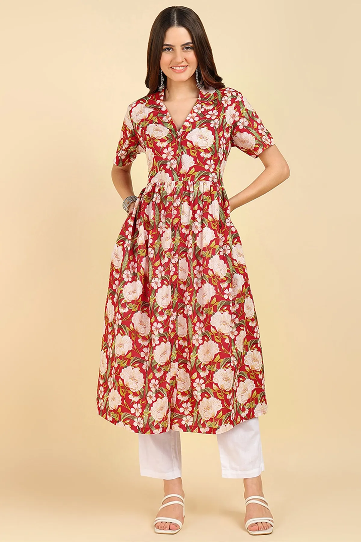 Red Floral Printed Zipless Feeding Kurti