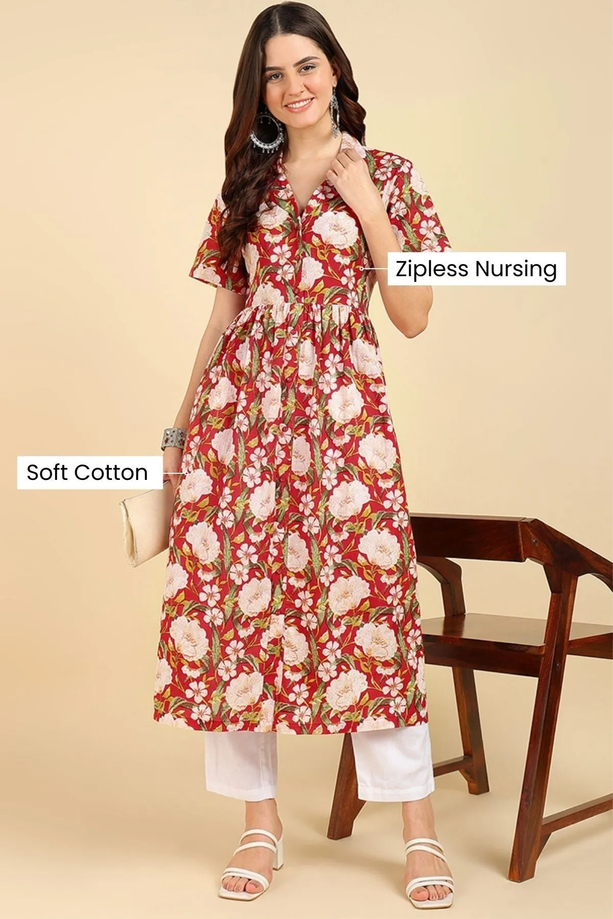 Red Floral Printed Zipless Feeding Kurti