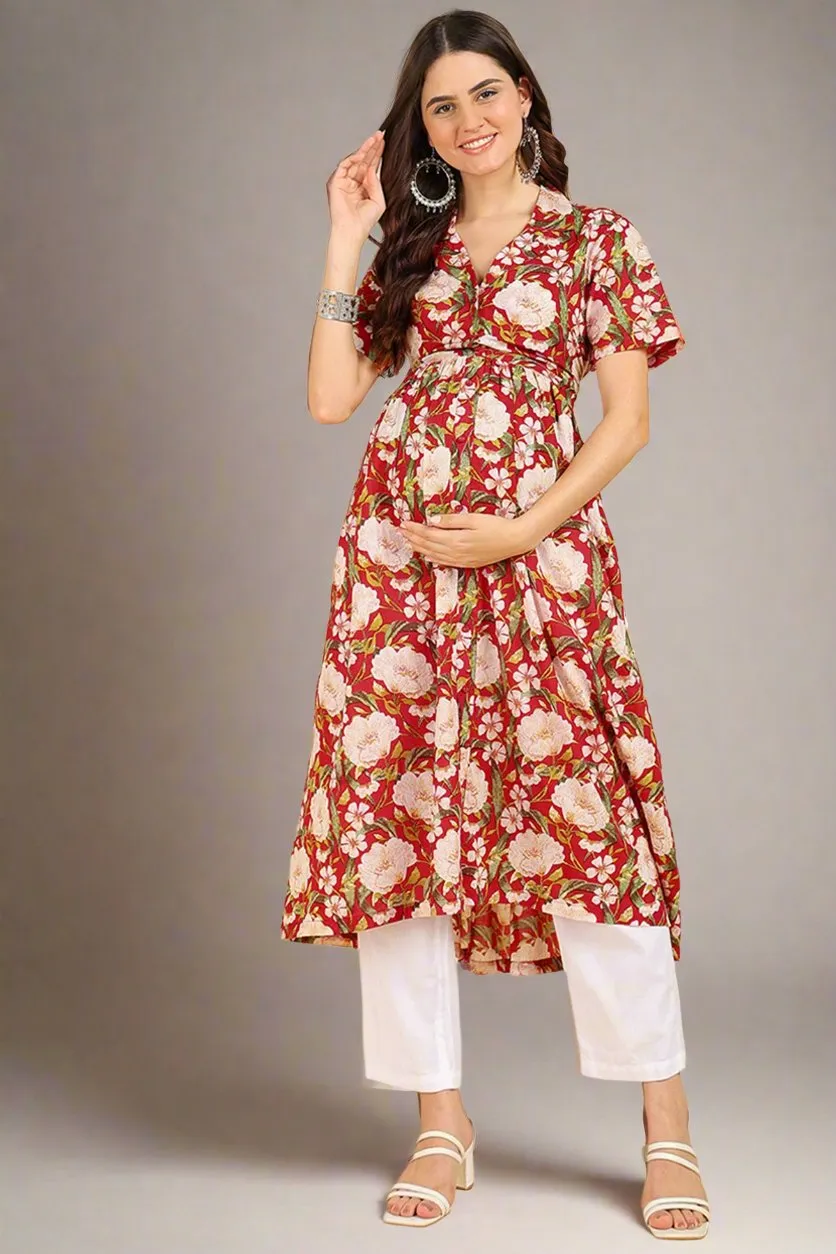 Red Floral Printed Zipless Feeding Kurti