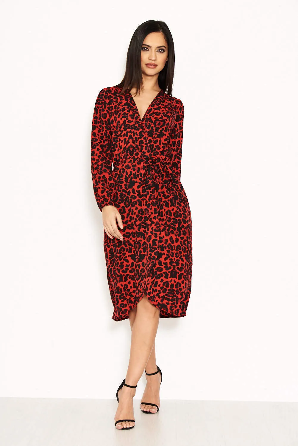 Red Leopard Print V-Neck Wrap Dress