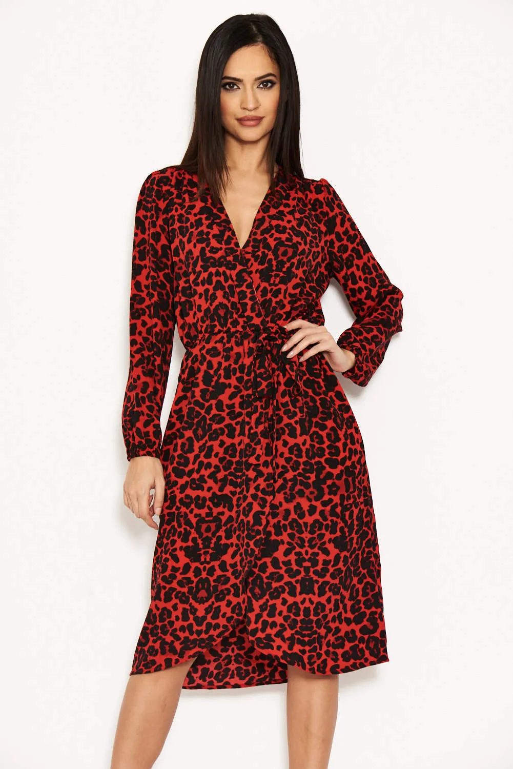 Red Leopard Print V-Neck Wrap Dress