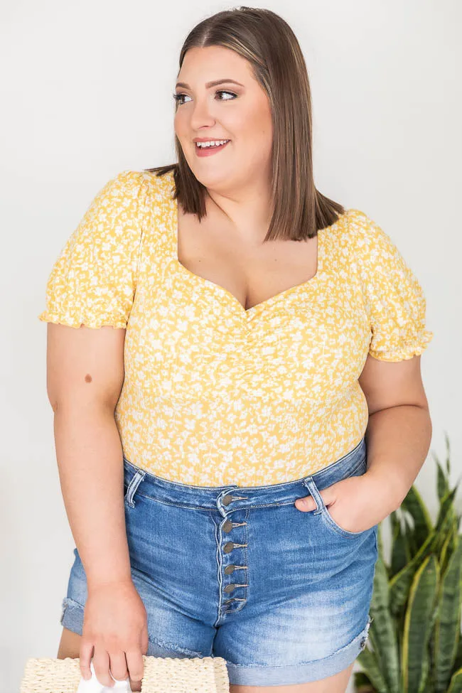 Repeating Sound Yellow Floral Cinched Detail Bodysuit