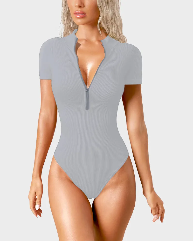 Ribbed Short Sleeve Half-Zip Sculpting Bodysuit