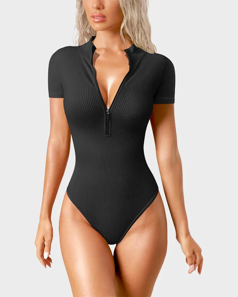 Ribbed Short Sleeve Half-Zip Sculpting Bodysuit