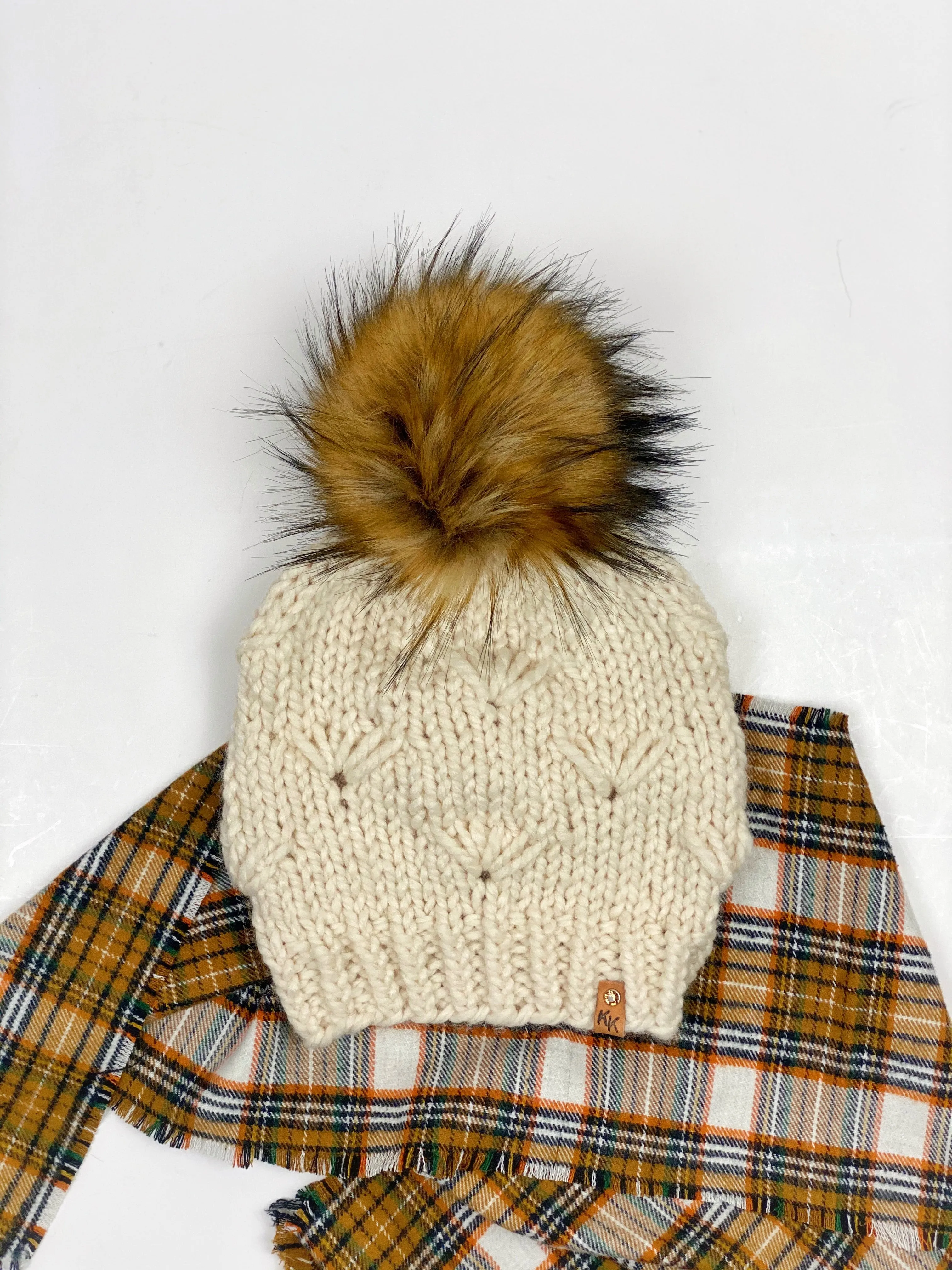 River Walk Beanie Hand Knit Wool Blend Faux Fur Pom Pom Hat