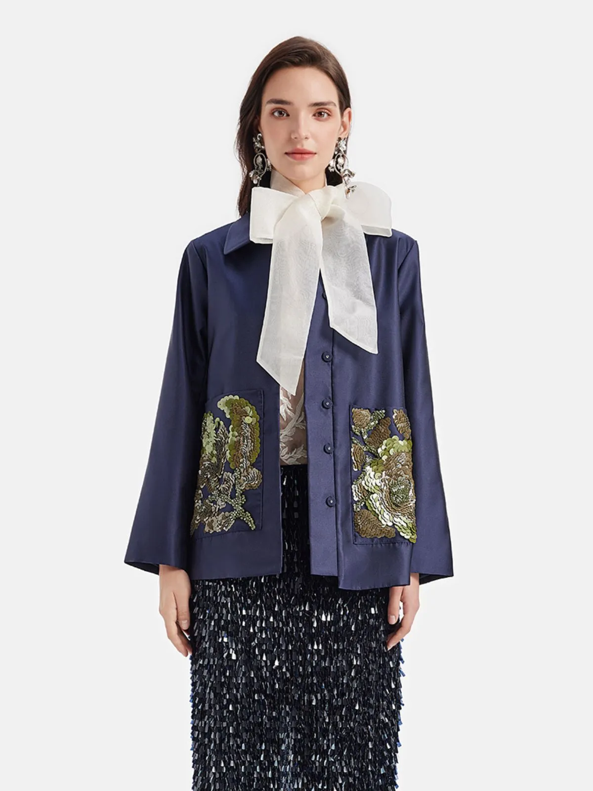 Satin Sequin Floral Embroidered Coat