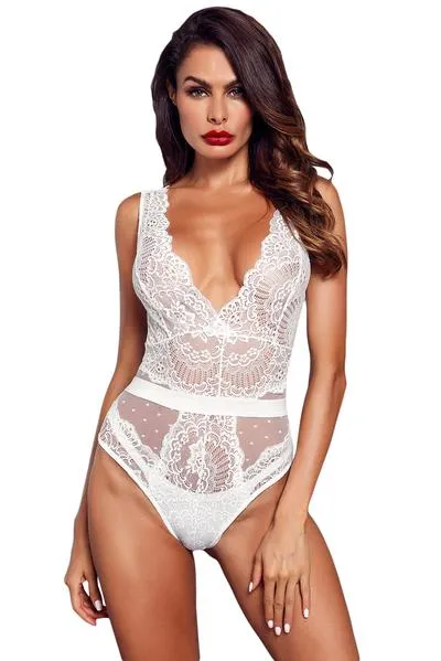 Scalloped Deep V Neck Lace Bodysuit