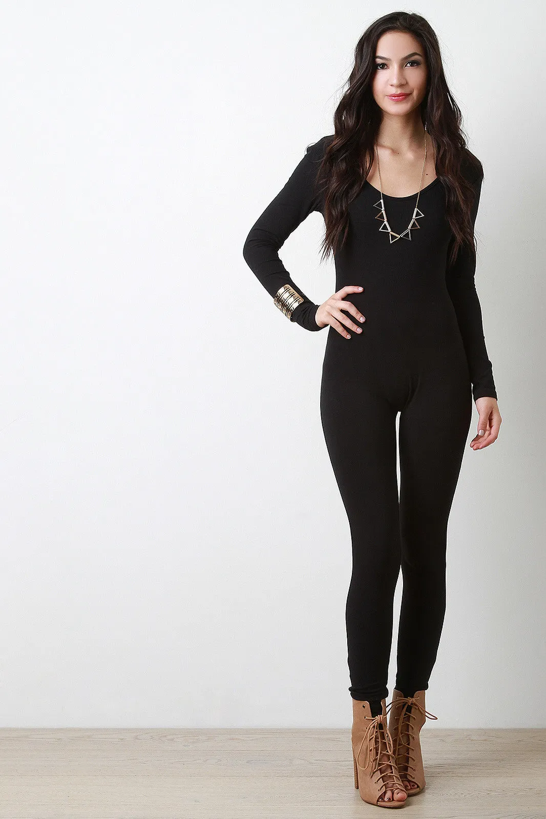 Scooped Neck Long Sleeves Jumpsuit