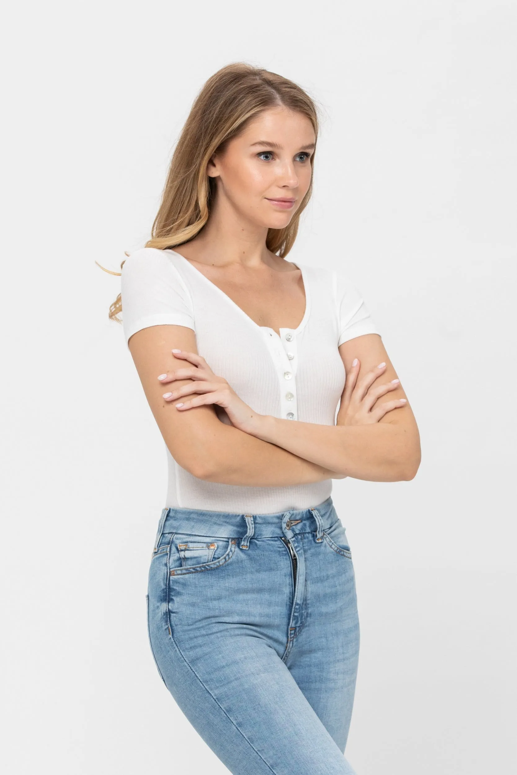 Short Sleeve Sexy Scoop Neck Tank Top Button Down Ribbed Bodysuits