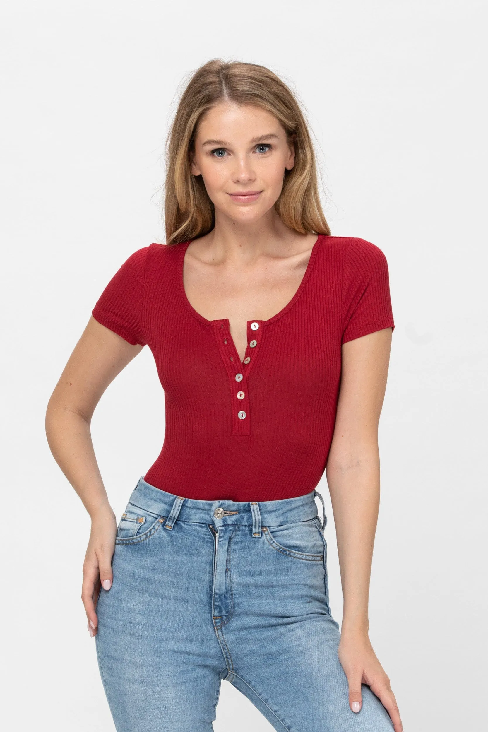 Short Sleeve Sexy Scoop Neck Tank Top Button Down Ribbed Bodysuits