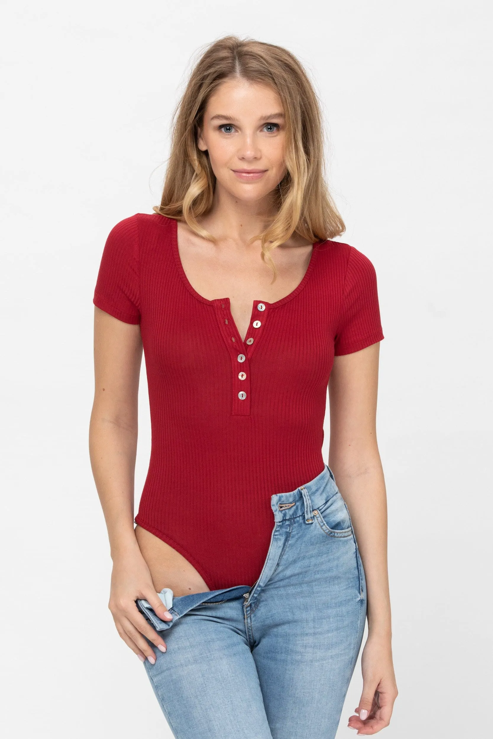 Short Sleeve Sexy Scoop Neck Tank Top Button Down Ribbed Bodysuits