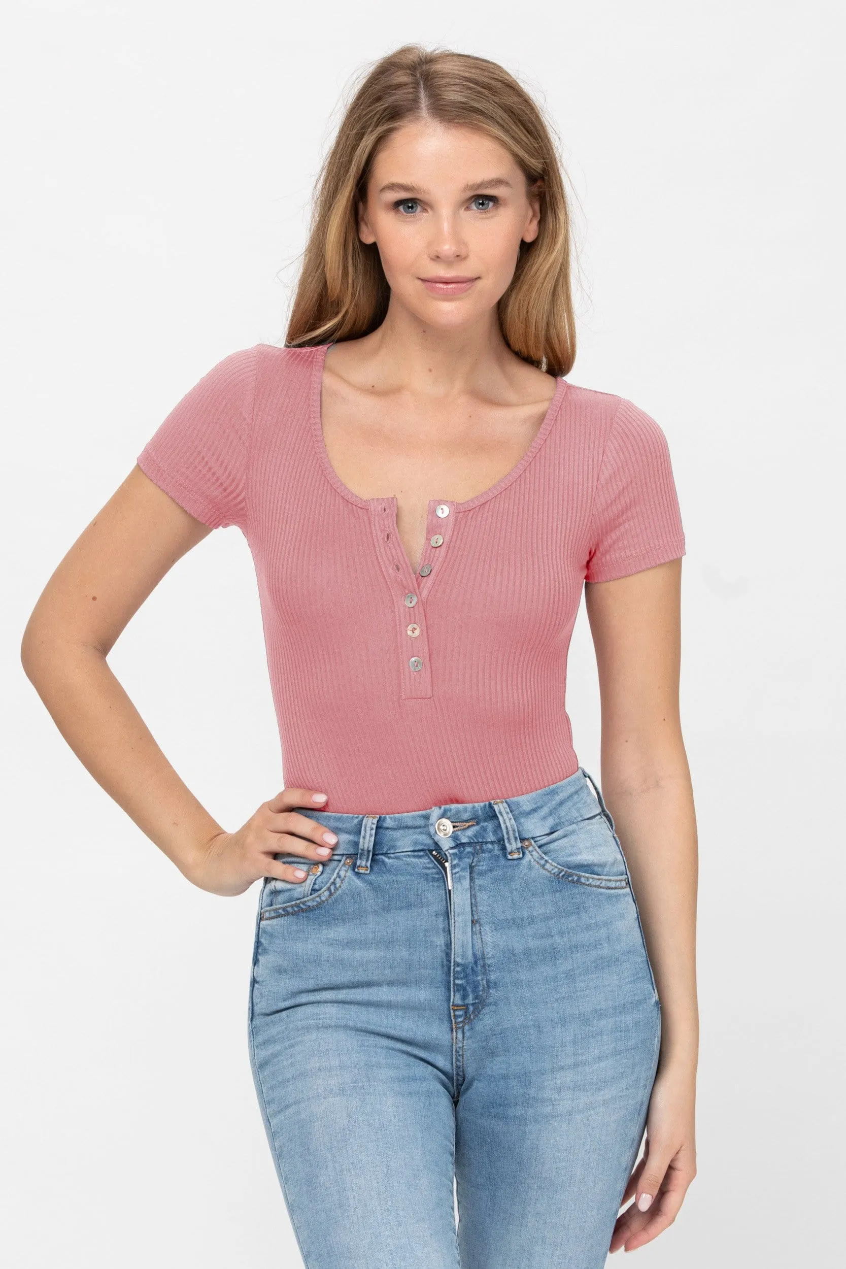 Short Sleeve Sexy Scoop Neck Tank Top Button Down Ribbed Bodysuits