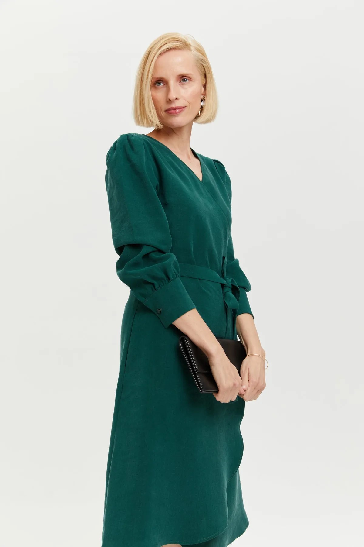 Sophie | Classy Wrap Dress with Puff Sleeves and Tie Waist in Forest Green