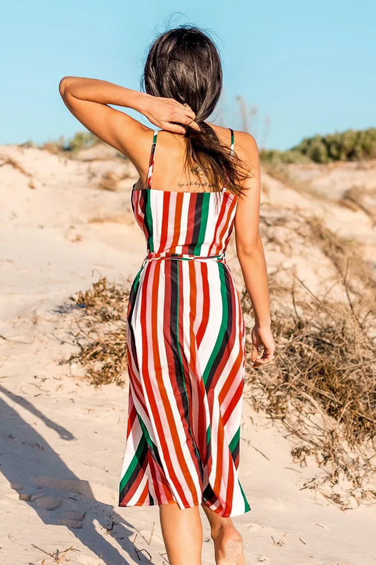 Stripe V-neck Wrap Midi Dress