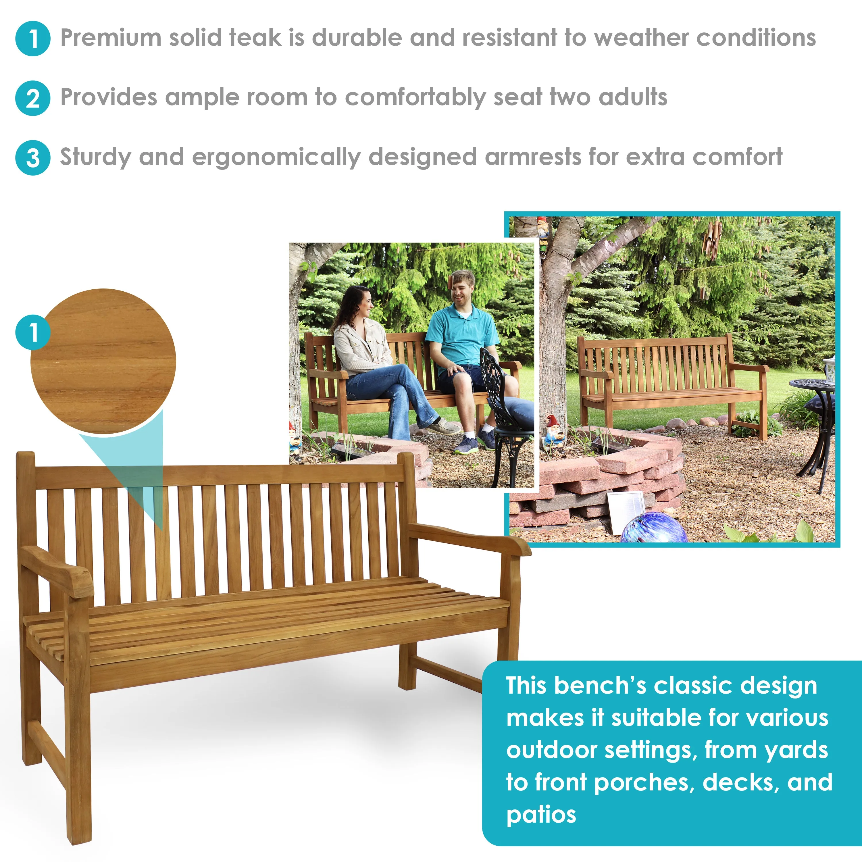 Sunnydaze Outdoor 2-Person Teak Wooden Garden Bench - 59"