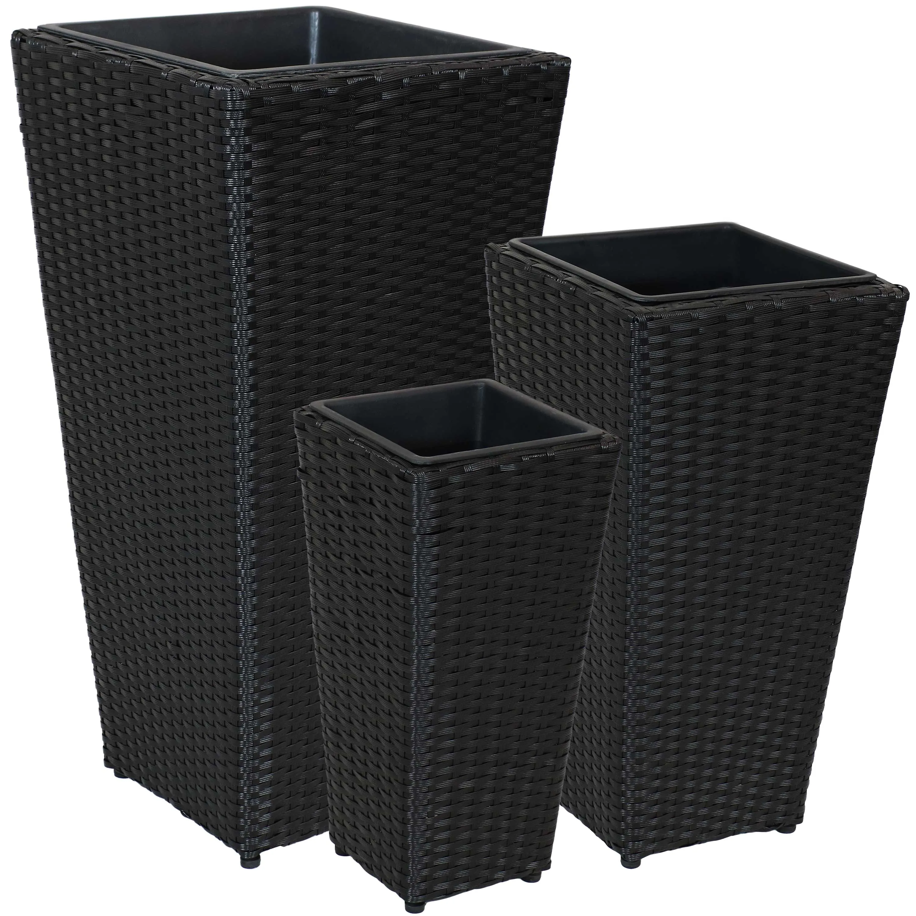 Sunnydaze Tall Square Polyrattan Planter - Set of 3 - Black