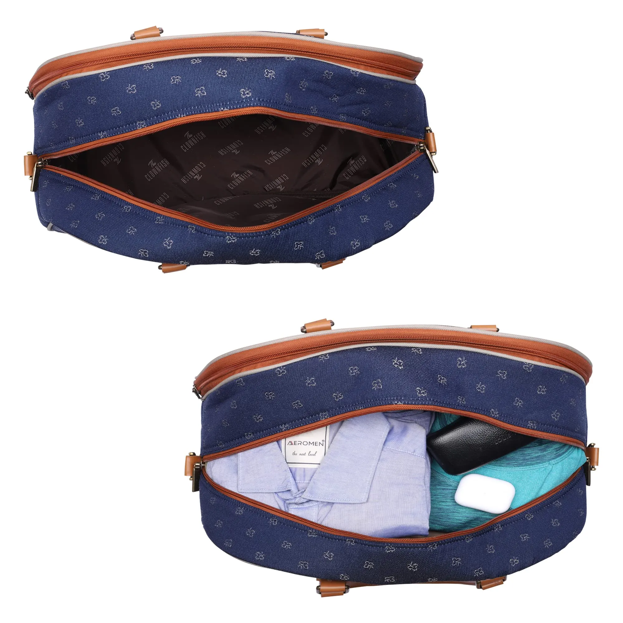 The Clownfish Ziana Series 24 litres Tapestry & Faux Leather Unisex Travel Duffle Bag Luggage Weekender Bag (Blue-Spade Design)