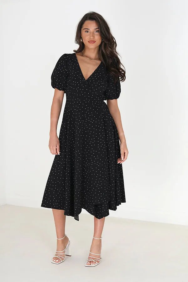 V FRONT POLKA DOT WRAP MIDI DRESS