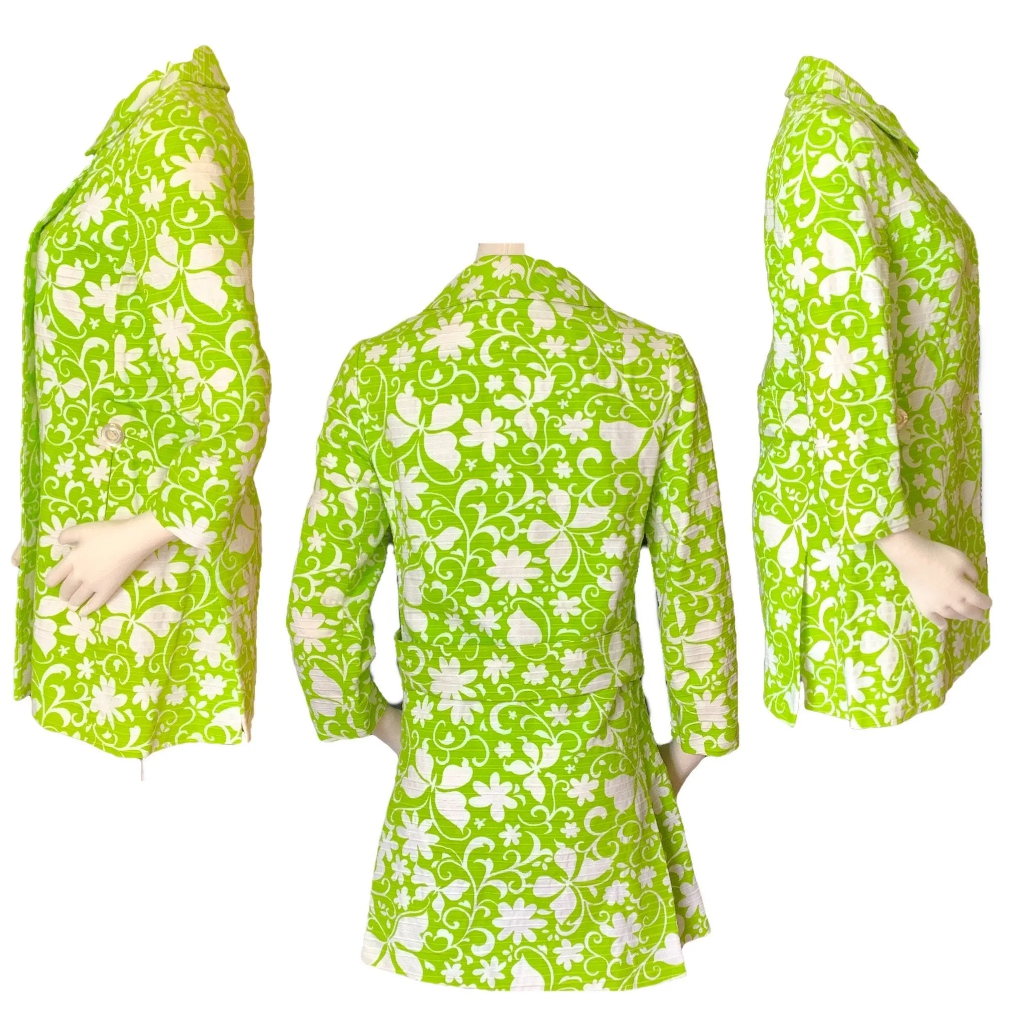 Vintage Green and White Spring Coat from Saks Fifth Avenue. Butterfly and Floral Design.