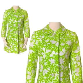 Vintage Green and White Spring Coat from Saks Fifth Avenue. Butterfly and Floral Design.