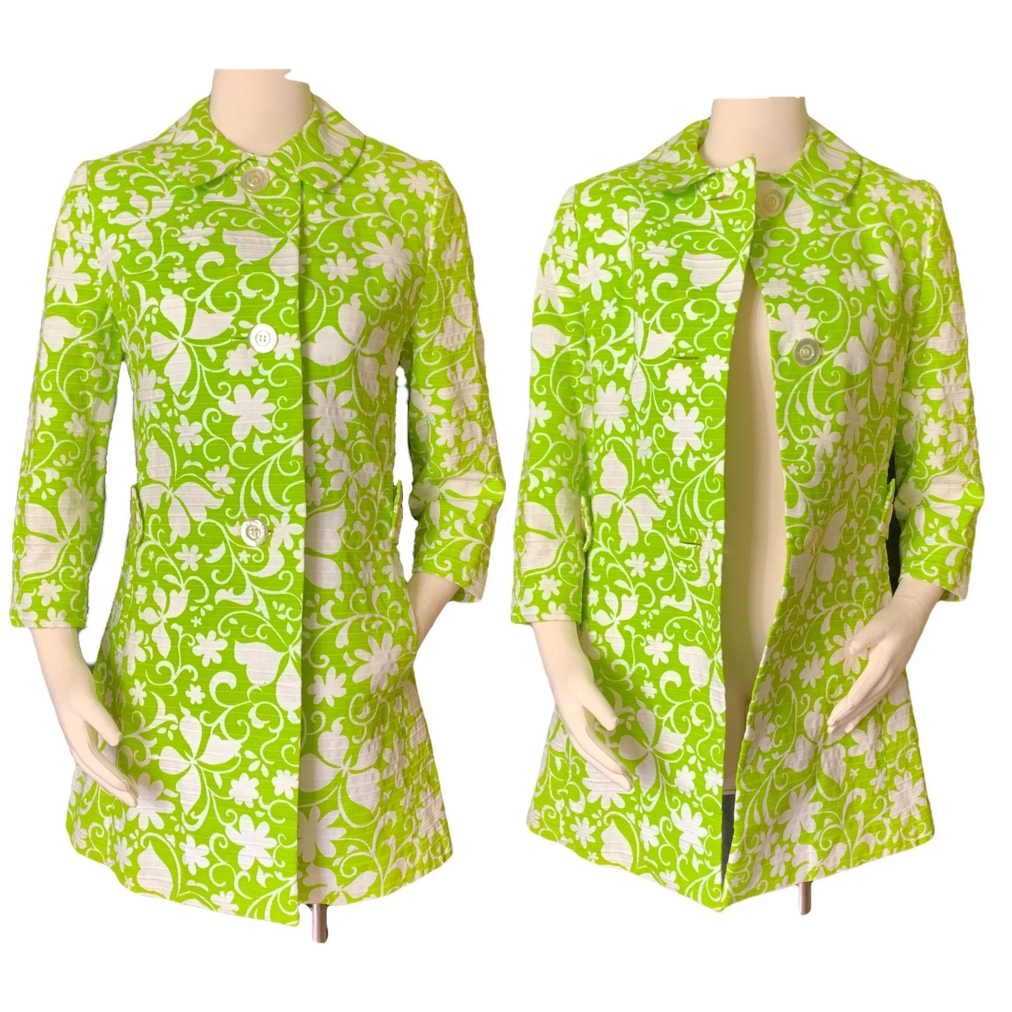 Vintage Green and White Spring Coat from Saks Fifth Avenue. Butterfly and Floral Design.