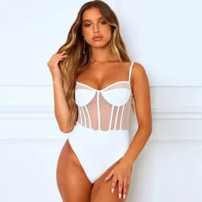 White Underwire Spaghetti Straps Mesh Bodysuit