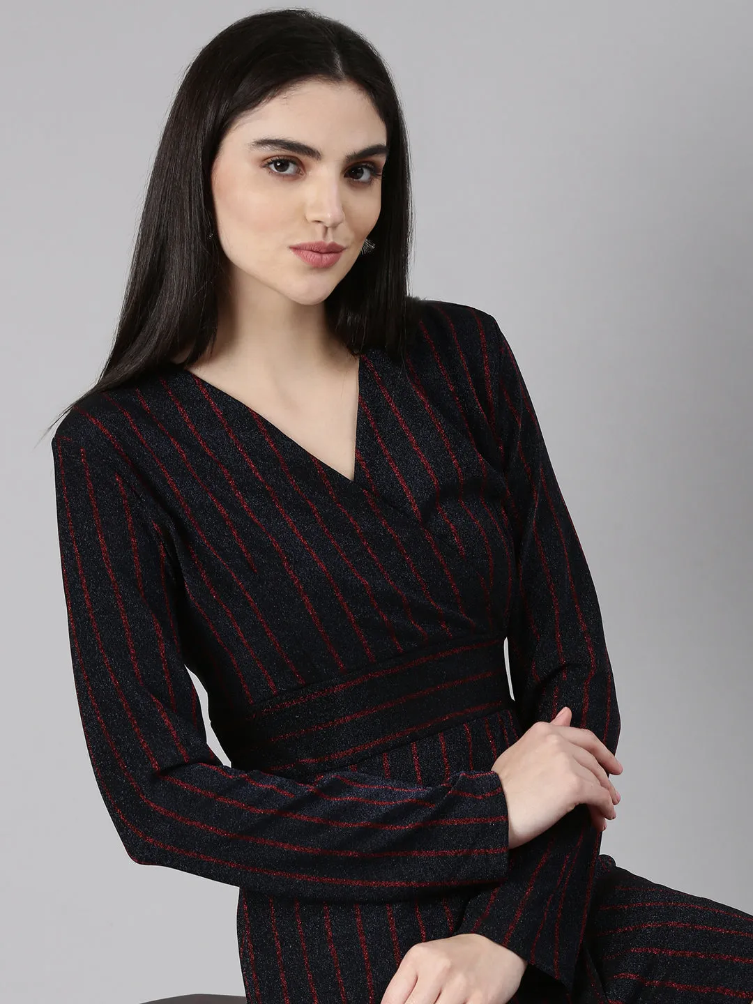 Women Navy Blue Striped Wrap Dress