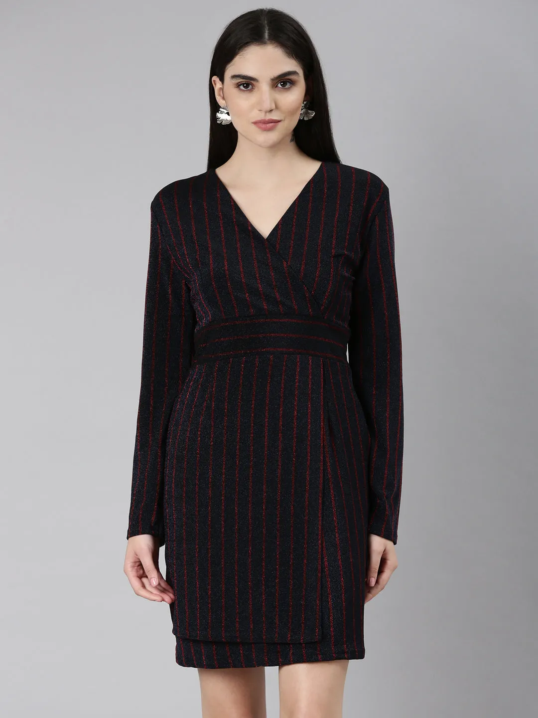 Women Navy Blue Striped Wrap Dress