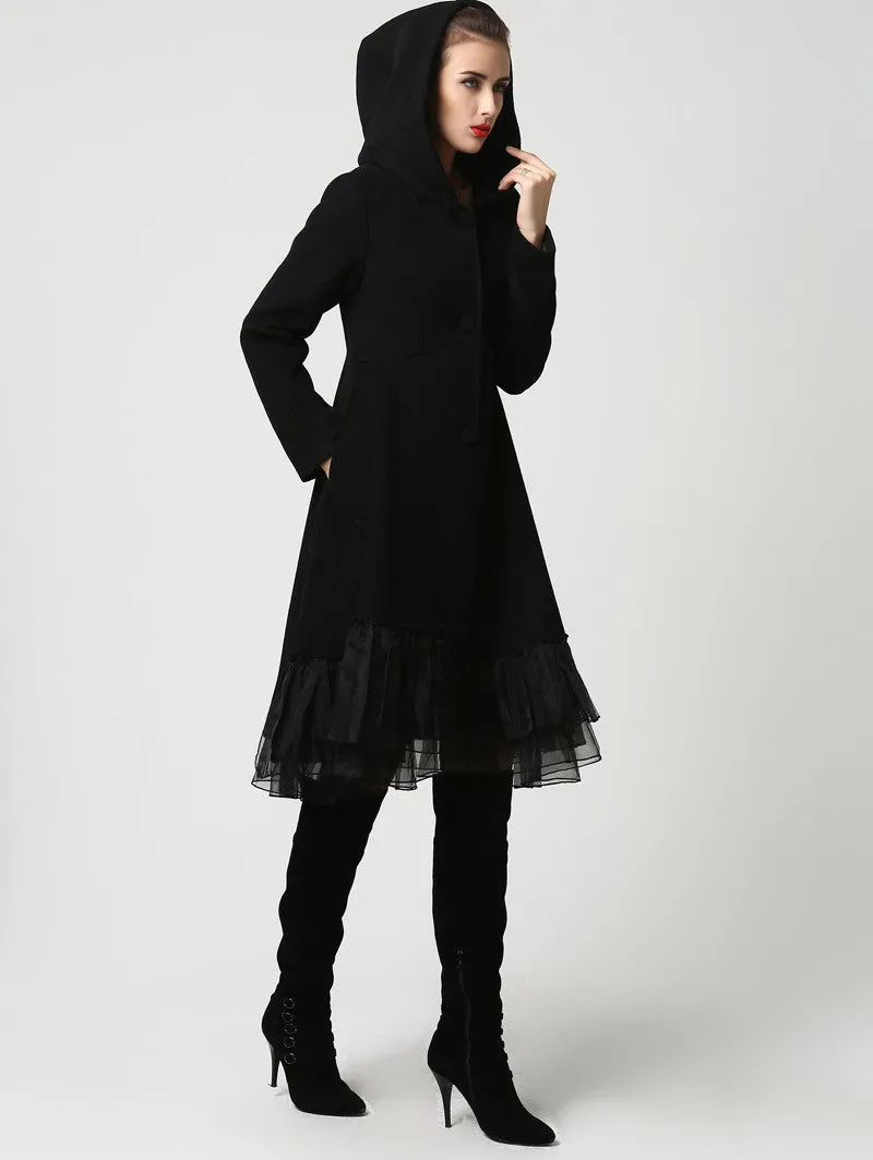 Womens Black Wool Midi Coat with Hood and Tulle Hem (1115)