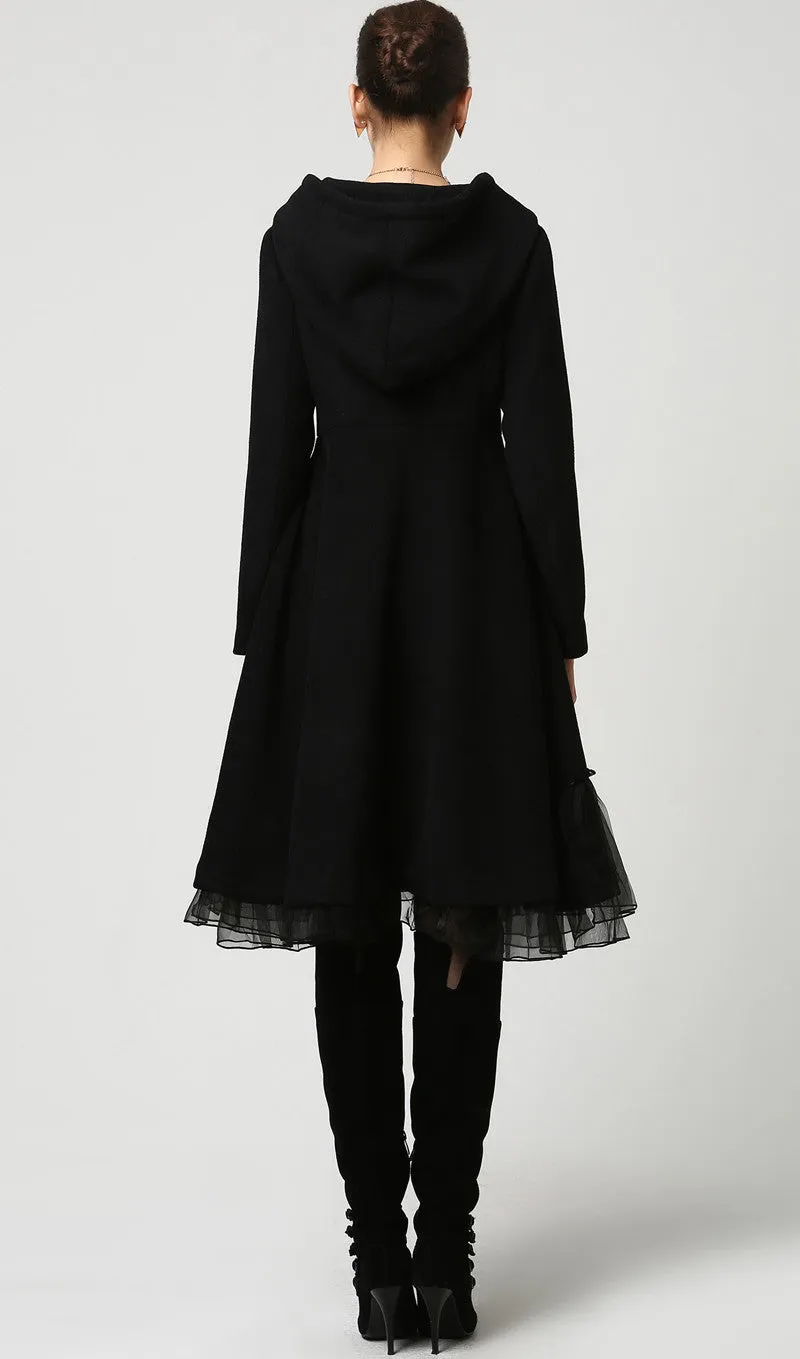 Womens Black Wool Midi Coat with Hood and Tulle Hem (1115)