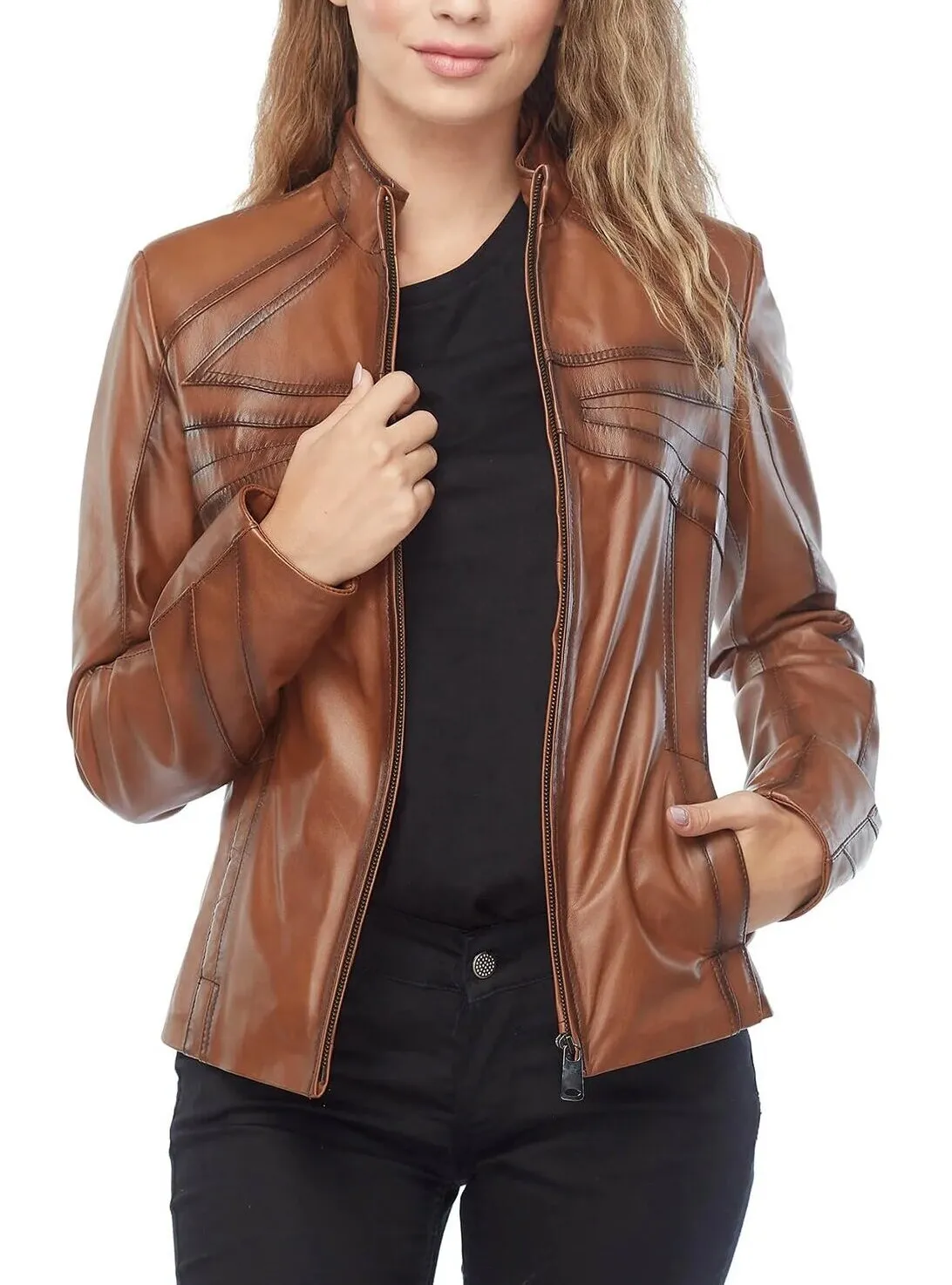 Womens Brown Leather Biker Jacket