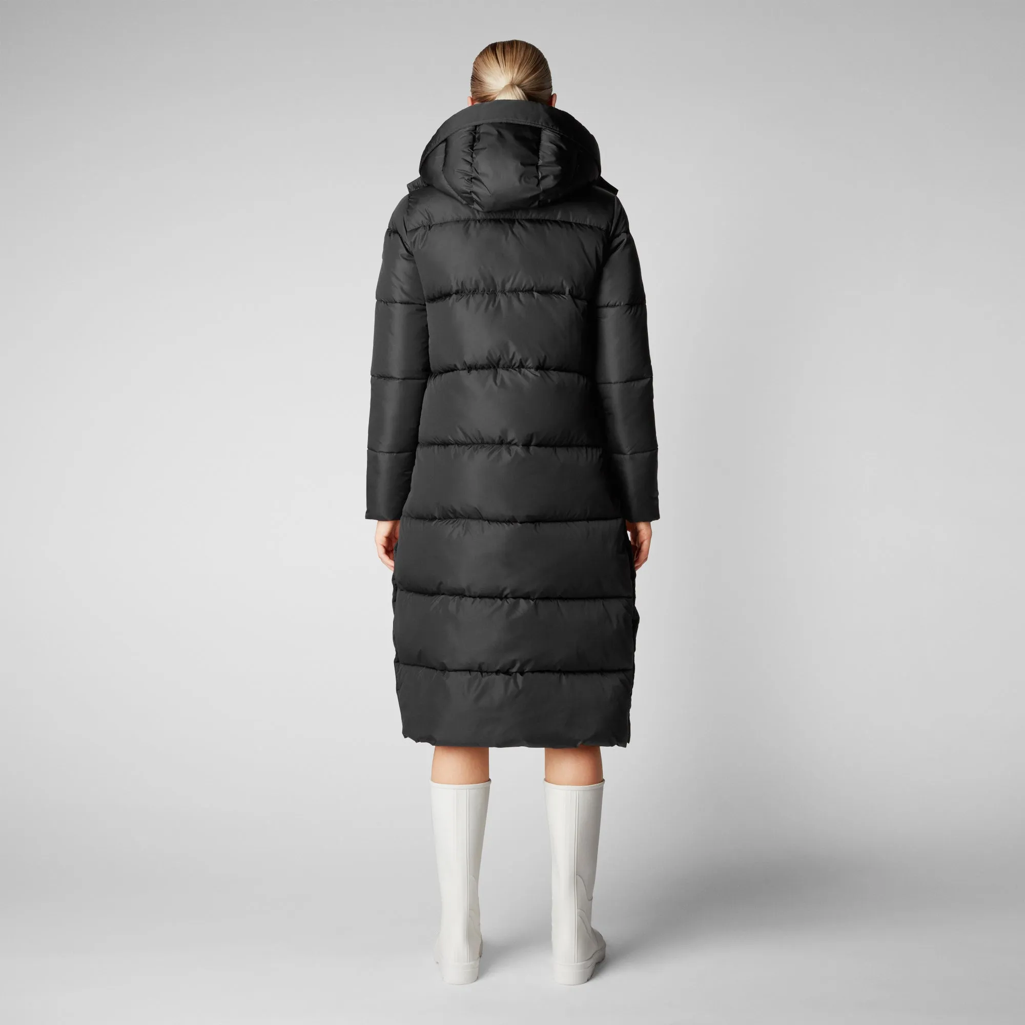 Women's Colette Long Puffer Coat with Detachable Hood in Black