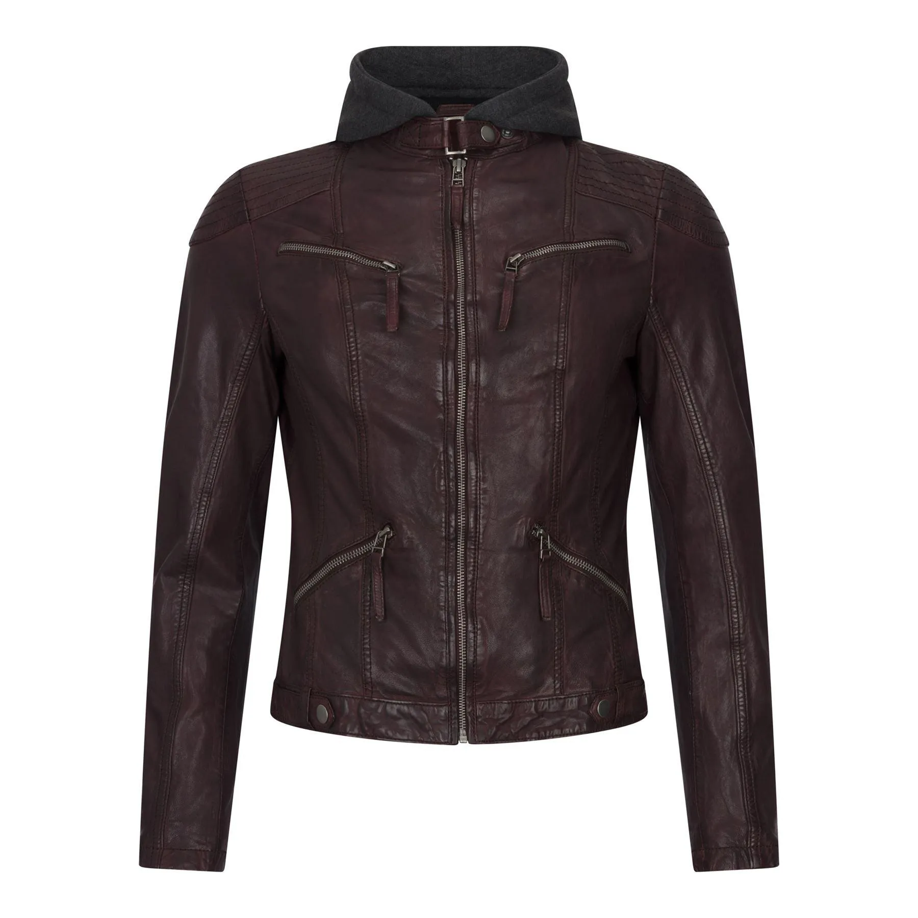 Women's Leather Jacket Hooded Biker Motorcycle Coat