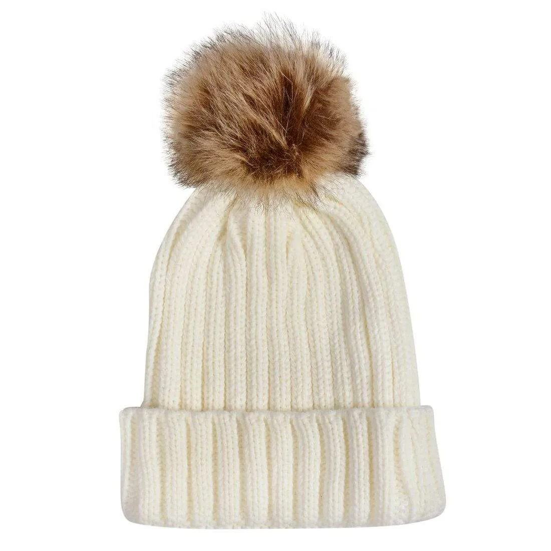 Womens Pom Pom Bobble Beanie Hat Knitted Faux Fur 5 Colours