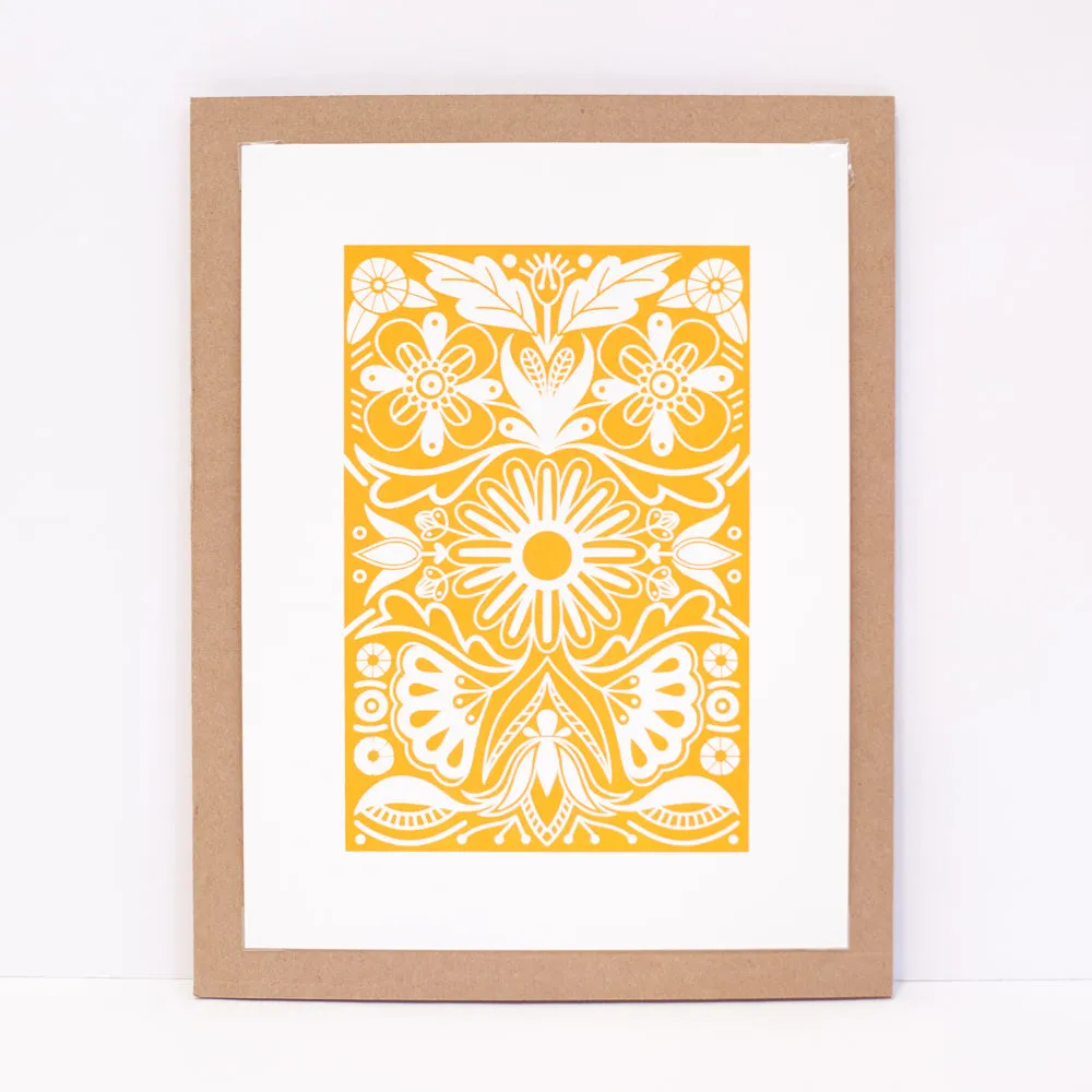 yellow ochre folk art print, floral art print, small art print for gallery wall, petite print series by exit343design