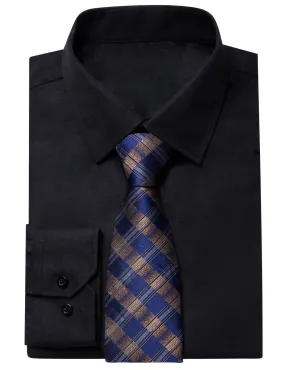 YourTies Black Solid Long Sleeve Shirt with Blue Brown Plaid Silk Tie for Men