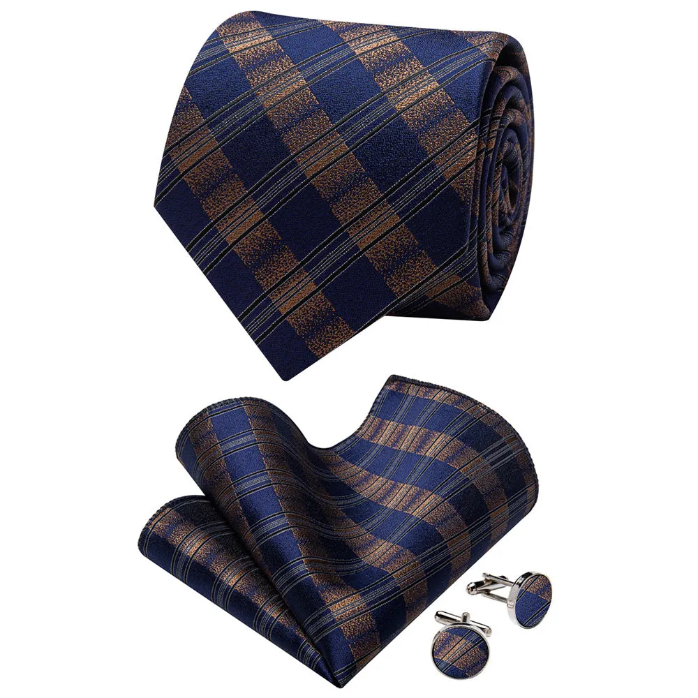 YourTies Black Solid Long Sleeve Shirt with Blue Brown Plaid Silk Tie for Men