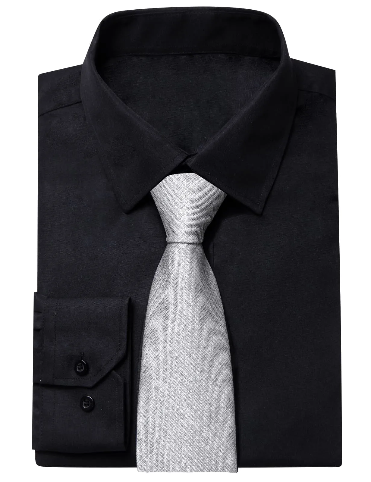 YourTies Black Solid Long Sleeve Shirt with Smoke Grey Solid Silk Tie for Men